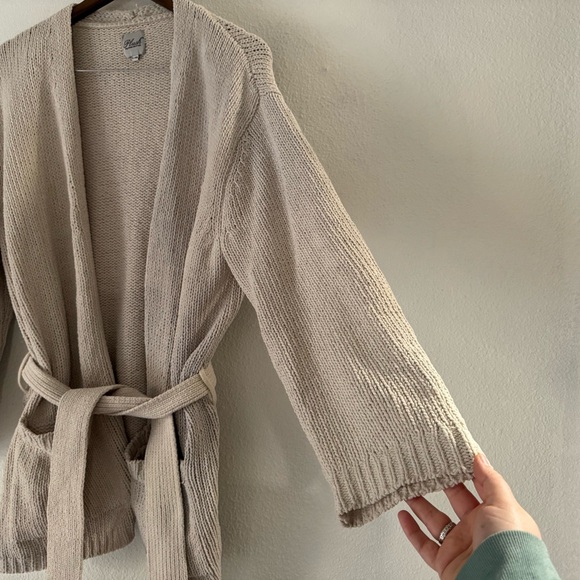 Cozy Oatmeal Beige Knit Tie Waist Cardigan Sweater Cream L/XL Plush Hygge Chic - Picture 7 of 14